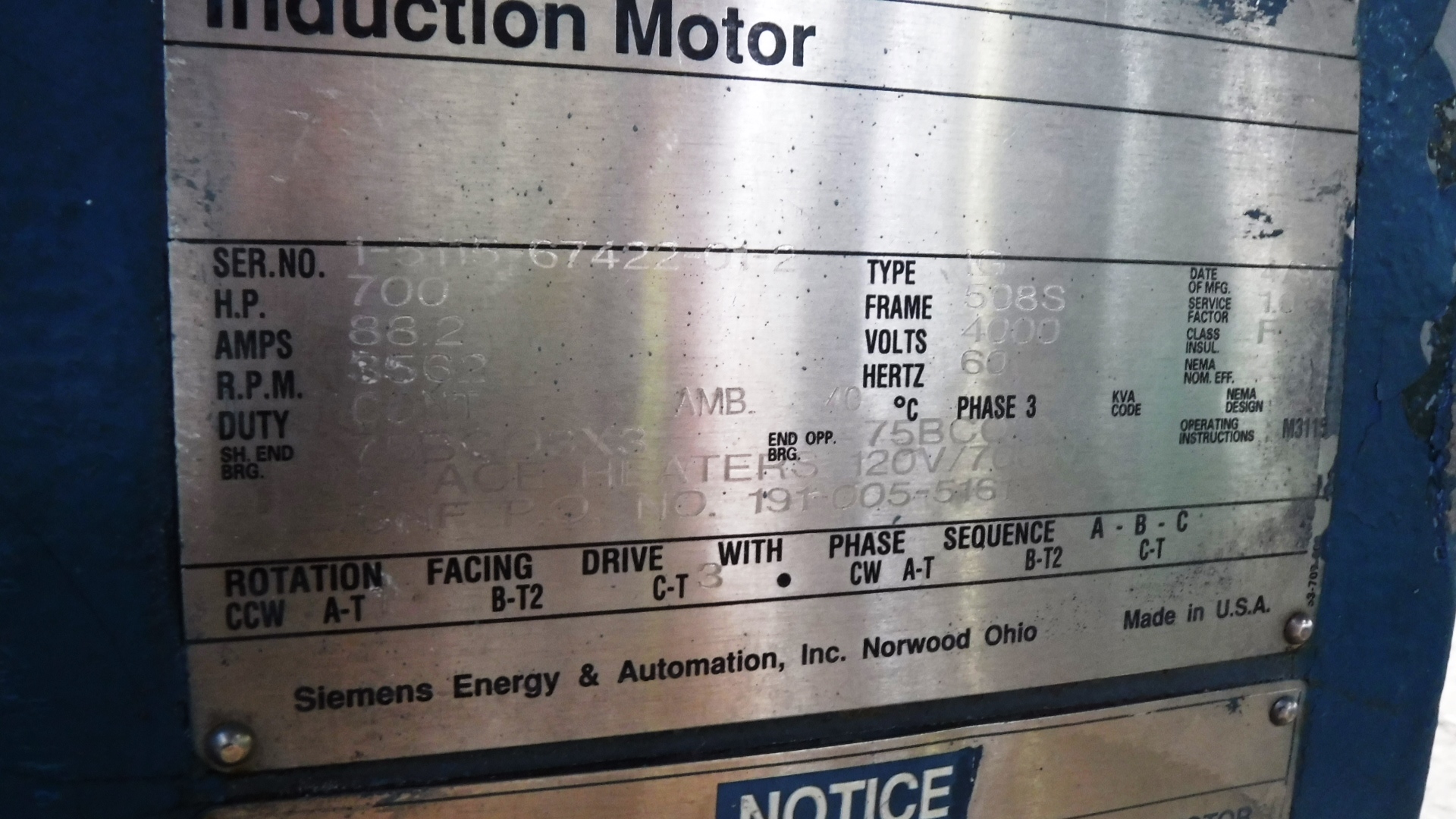 Siemens 700 HP 3600 RPM 508S Squirrel Cage Motors 81538